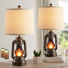 RORIANO Farmhouse Lantern Table Lamps for Living Room Set of 2, Vintage Bedroom Resin Desk Lamp with Dual USB Charging Ports, Rustic Ret