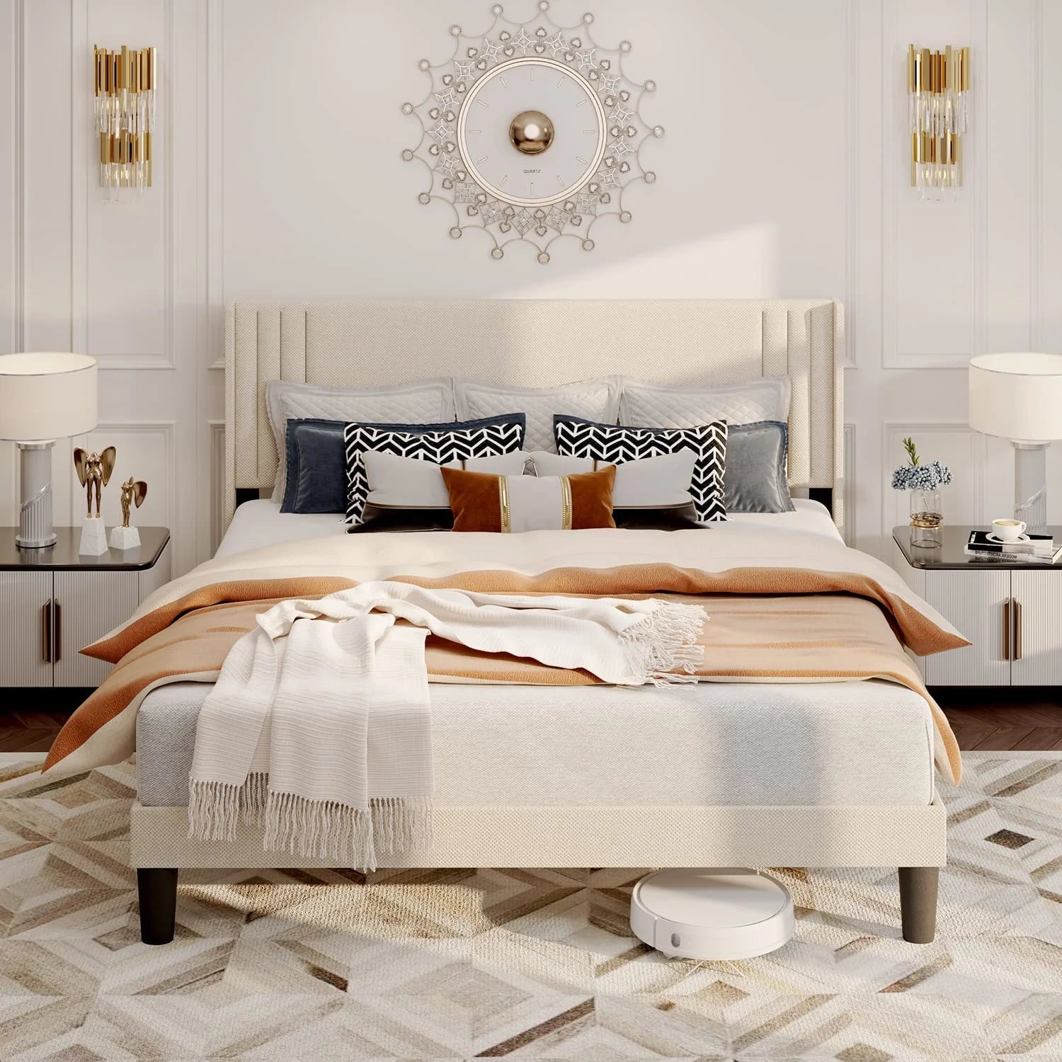 Bedroom Furniture Set - Includes Queen Bed Frame, Nightstands Set of 2, 5 - Drawer Dresser & Vanity Desk - Modern Storage Solution for Stylish Home Decor, Beige/White