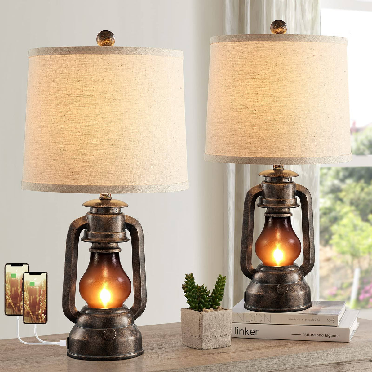 RORIANO Farmhouse Lantern Table Lamps for Living Room Set of 2, Vintage Bedroom Resin Desk Lamp with Dual USB Charging Ports, Rustic Ret