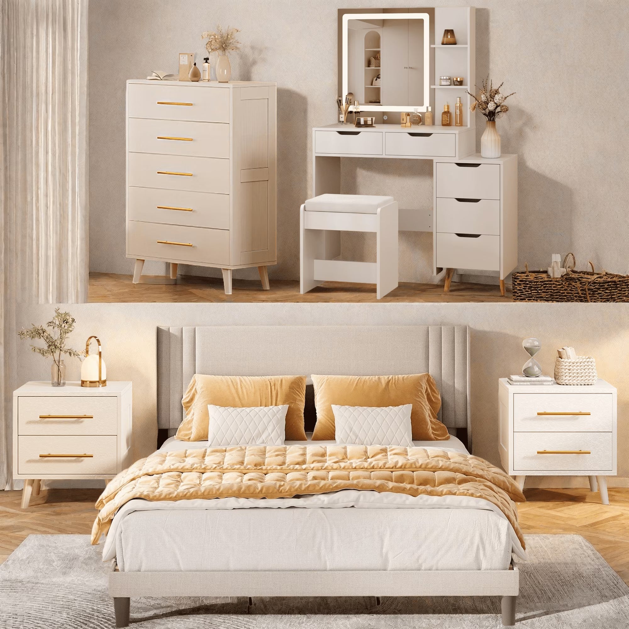 Bedroom Furniture Set - Includes Queen Bed Frame, Nightstands Set of 2, 5 - Drawer Dresser & Vanity Desk - Modern Storage Solution for Stylish Home Decor, Beige/White