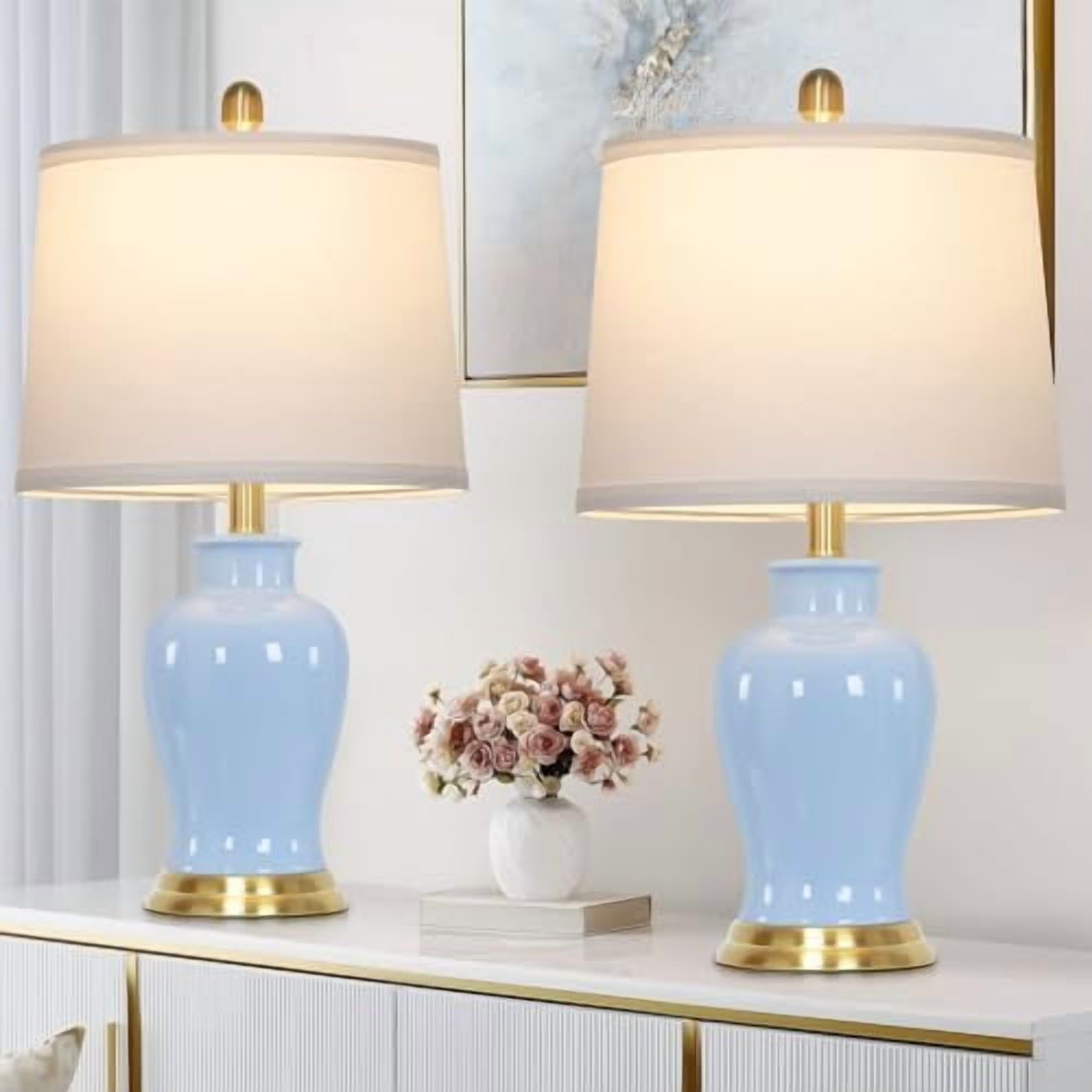 Modern Ceramic Table Lamps Set of 2, 23" White Ceramic Lamps for Living Room, Rustic Farmhouse Bedside Lamp with Ginger Jar Design, Elegant Bedroom Lamp for Nightstand Desk Side End Table Home Decor