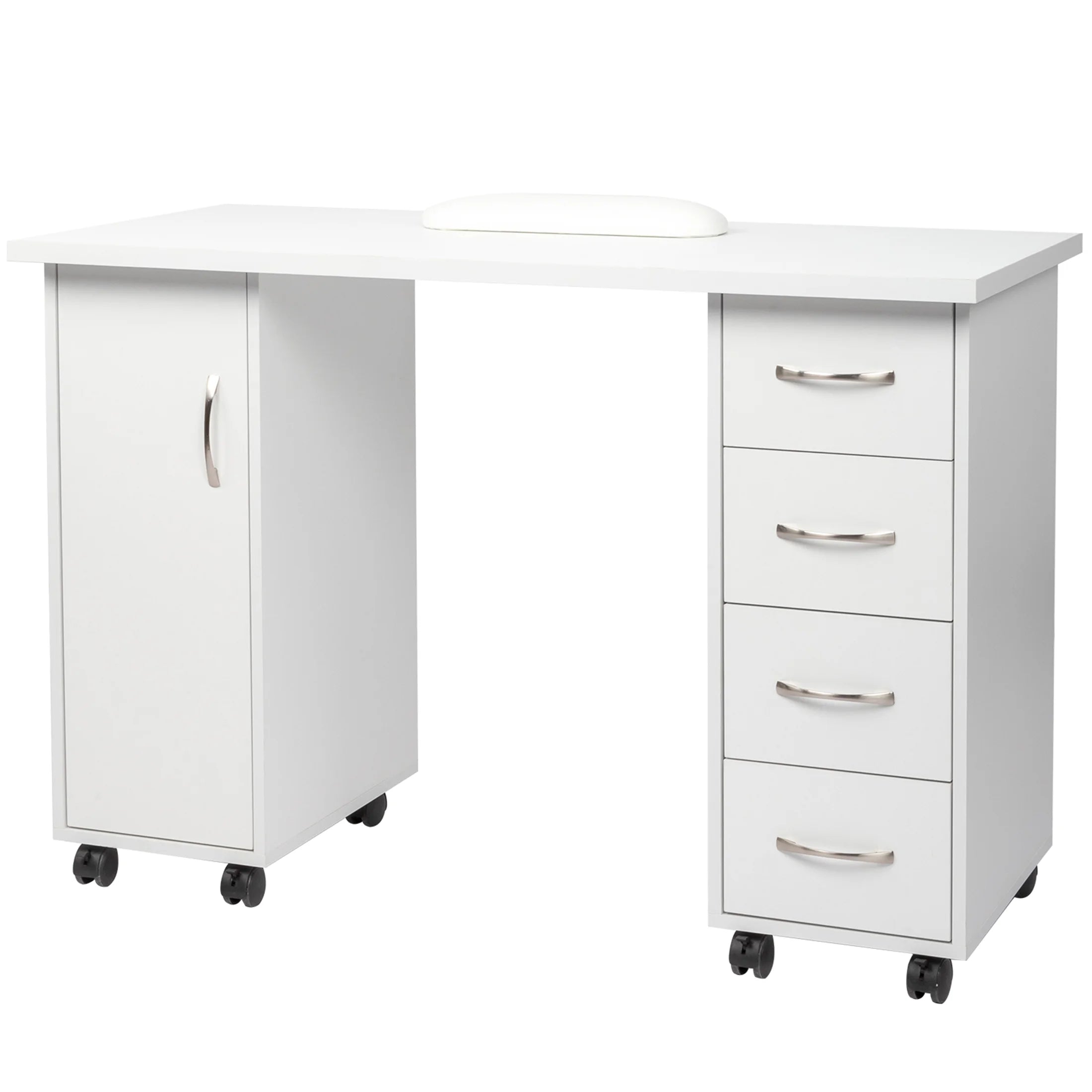 Sesslife White Computer Desk, Writing Desk with Lockable Wheels???modern Wood Study Desk with 4 Drawers for Home Office Workstation