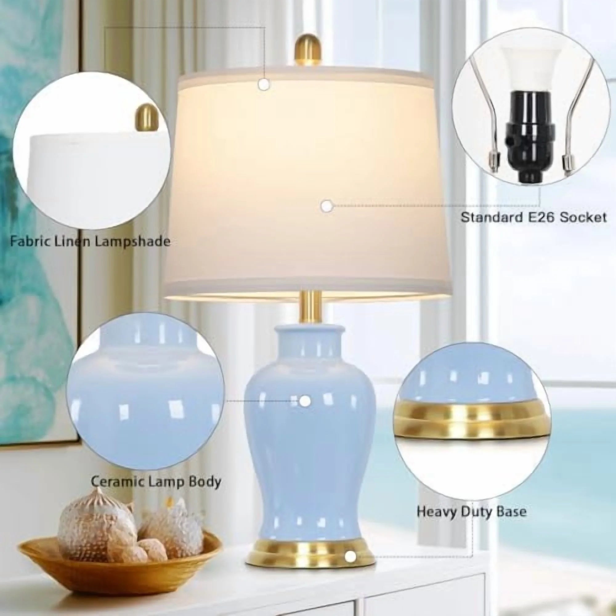 Modern Ceramic Table Lamps Set of 2, 23" White Ceramic Lamps for Living Room, Rustic Farmhouse Bedside Lamp with Ginger Jar Design, Elegant Bedroom Lamp for Nightstand Desk Side End Table Home Decor