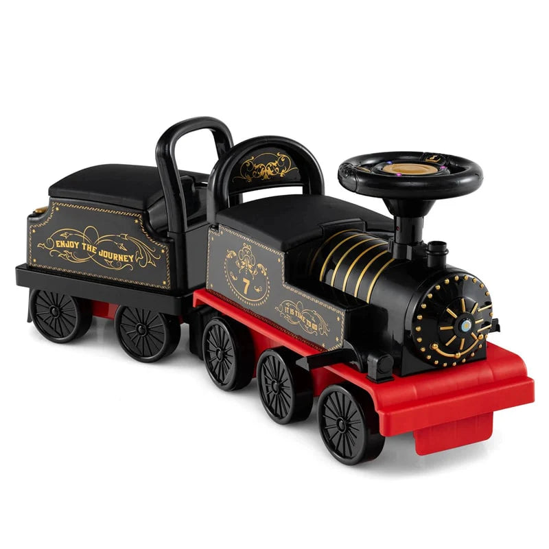 6V 2-Seater Ride On Train with Detachable Carriage, Under-Seat Storage, Whistle & Flashing LED Lights, Trackless Electric Ride On Toy for Kids