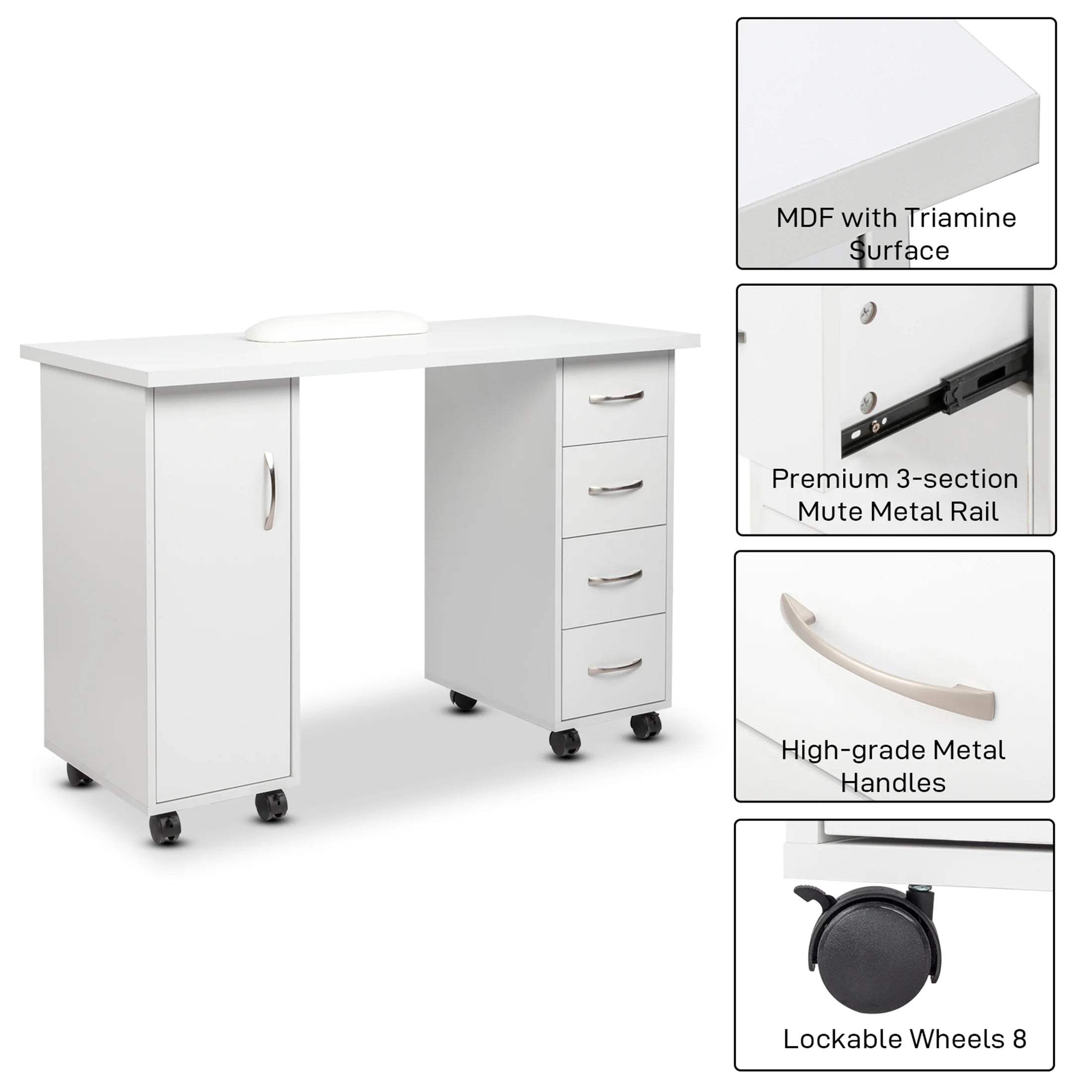 Sesslife White Computer Desk, Writing Desk with Lockable Wheels???modern Wood Study Desk with 4 Drawers for Home Office Workstation