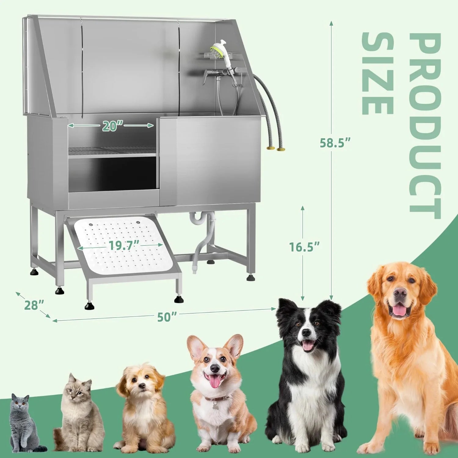 AECOJOY 50'' Professional Stainless Steel Dog Washing Station, Height Adjustable Pet Grooming Dog Bathtub with Ramp