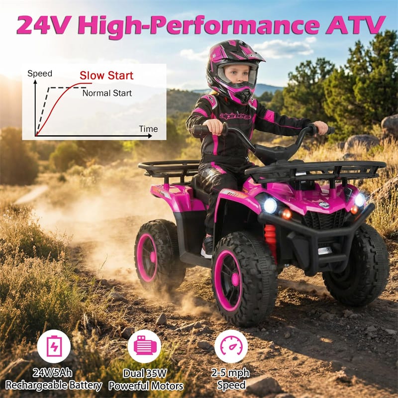24V Kids ATV Ride On Quad, Electric 4 Wheeler Toy with 5Mph Max Speed, LED Headlights, Music, Front & Rear Storage for Boys Girls