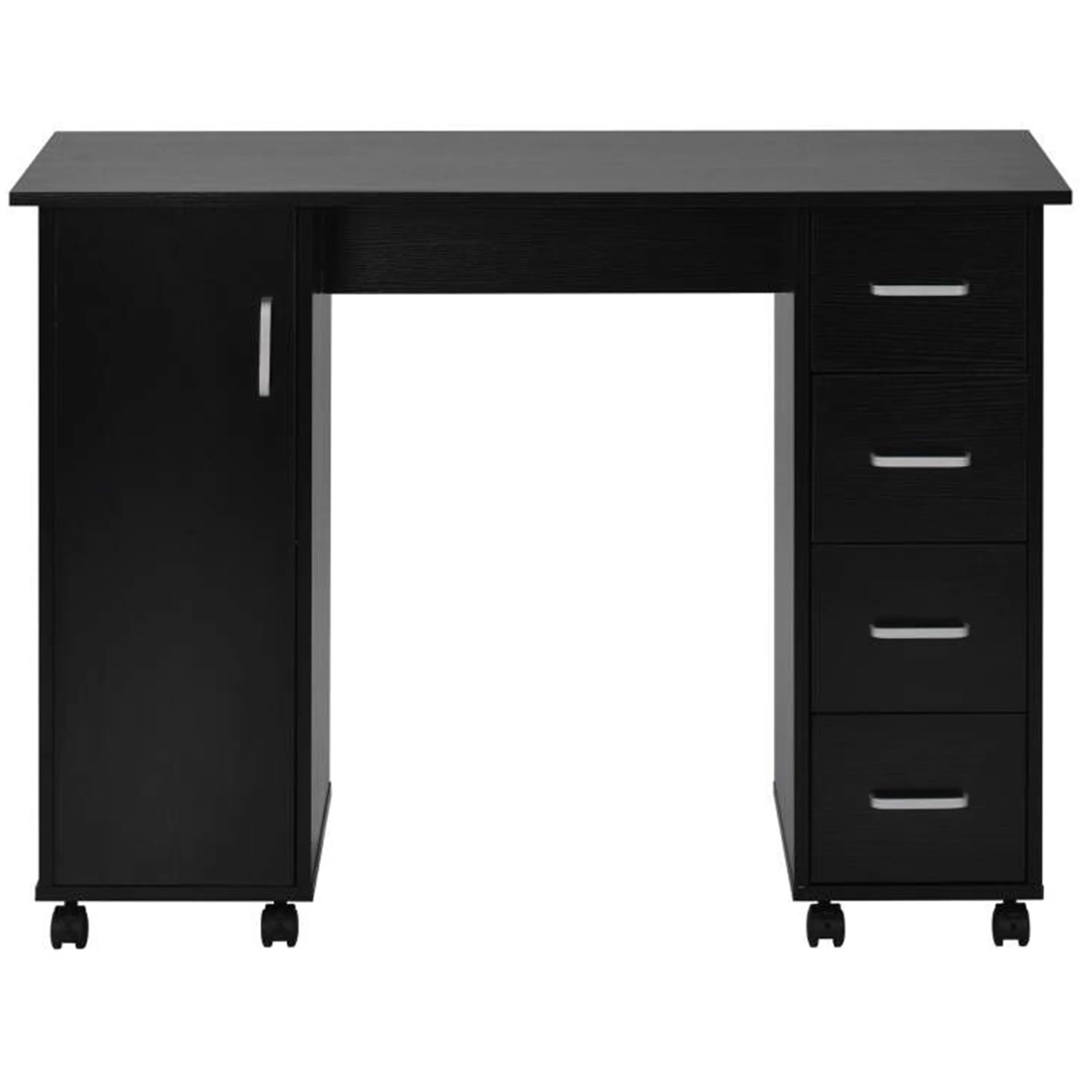 Sesslife White Computer Desk, Writing Desk with Lockable Wheels???modern Wood Study Desk with 4 Drawers for Home Office Workstation