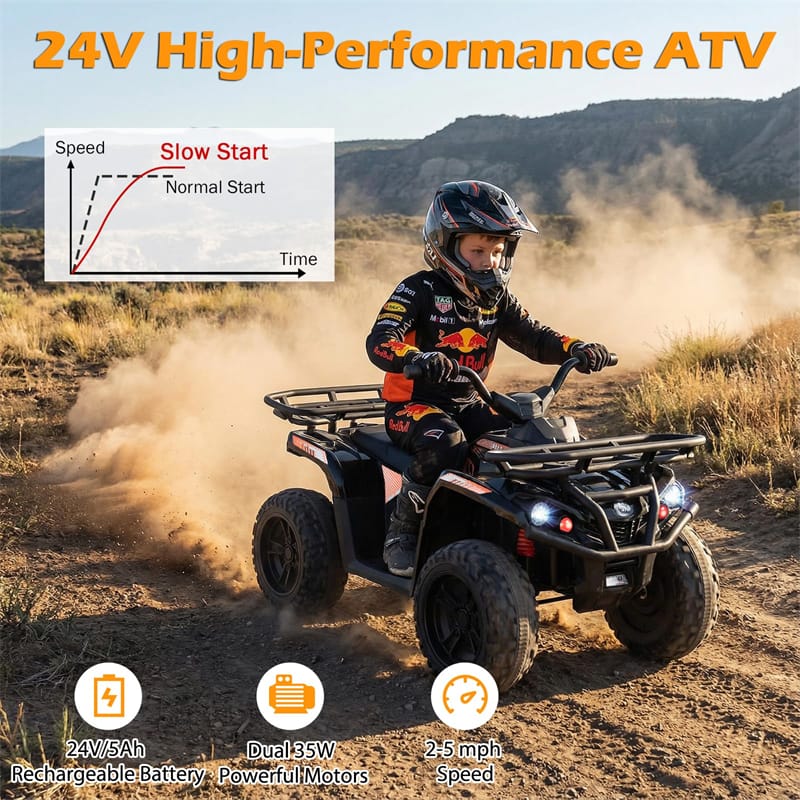 24V Kids ATV Ride On Quad, Electric 4 Wheeler Toy with 5Mph Max Speed, LED Headlights, Music, Front & Rear Storage for Boys Girls