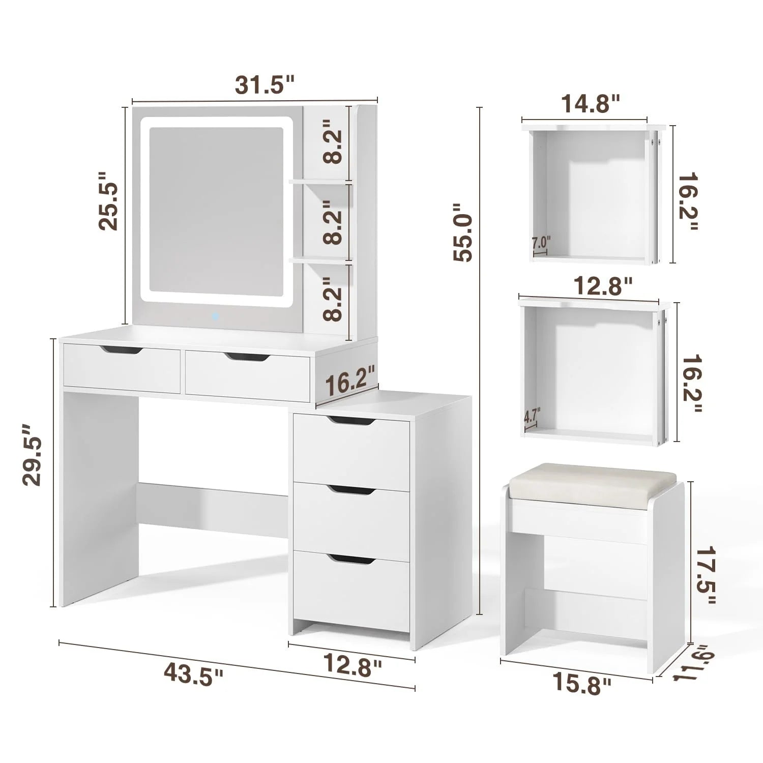 Bedroom Furniture Set - Includes Queen Bed Frame, Nightstands Set of 2, 5 - Drawer Dresser & Vanity Desk - Modern Storage Solution for Stylish Home Decor, Beige/White