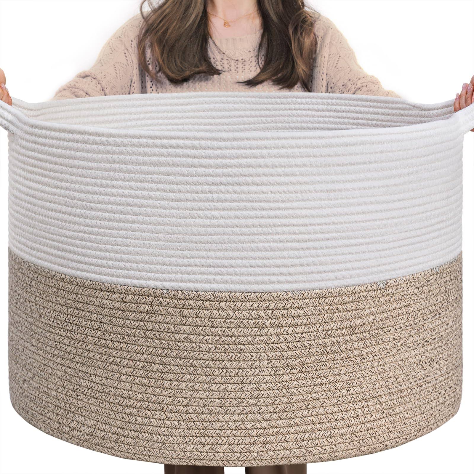 INDRESSME Large Laundry Basket, 21.7'' x 13.8'' Cotton Rope Blanket Basket Living Room Toy Baskets Storage Kids, Woven Baskets for Dirty Clothes,