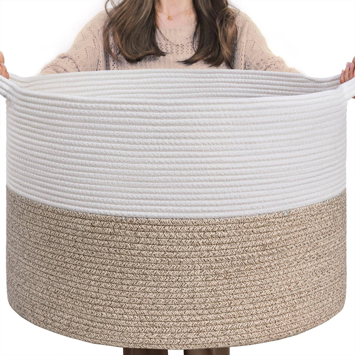 INDRESSME Large Laundry Basket, 21.7'' x 13.8'' Cotton Rope Blanket Basket Living Room Toy Baskets Storage Kids, Woven Baskets for Dirty Clothes,
