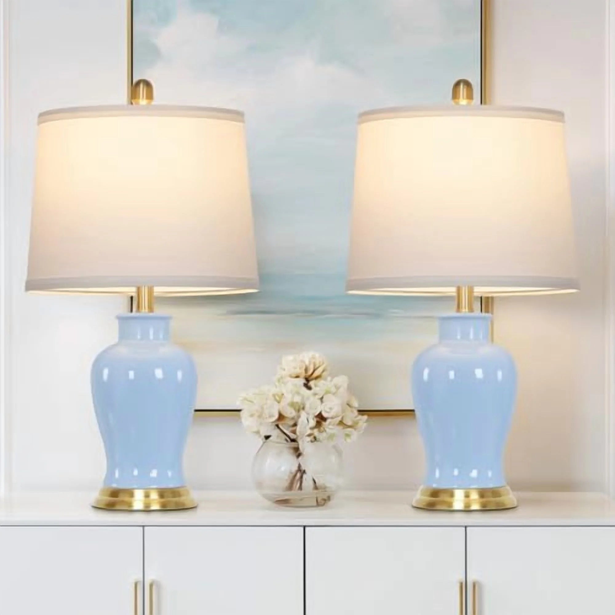 Modern Ceramic Table Lamps Set of 2, 23" White Ceramic Lamps for Living Room, Rustic Farmhouse Bedside Lamp with Ginger Jar Design, Elegant Bedroom Lamp for Nightstand Desk Side End Table Home Decor