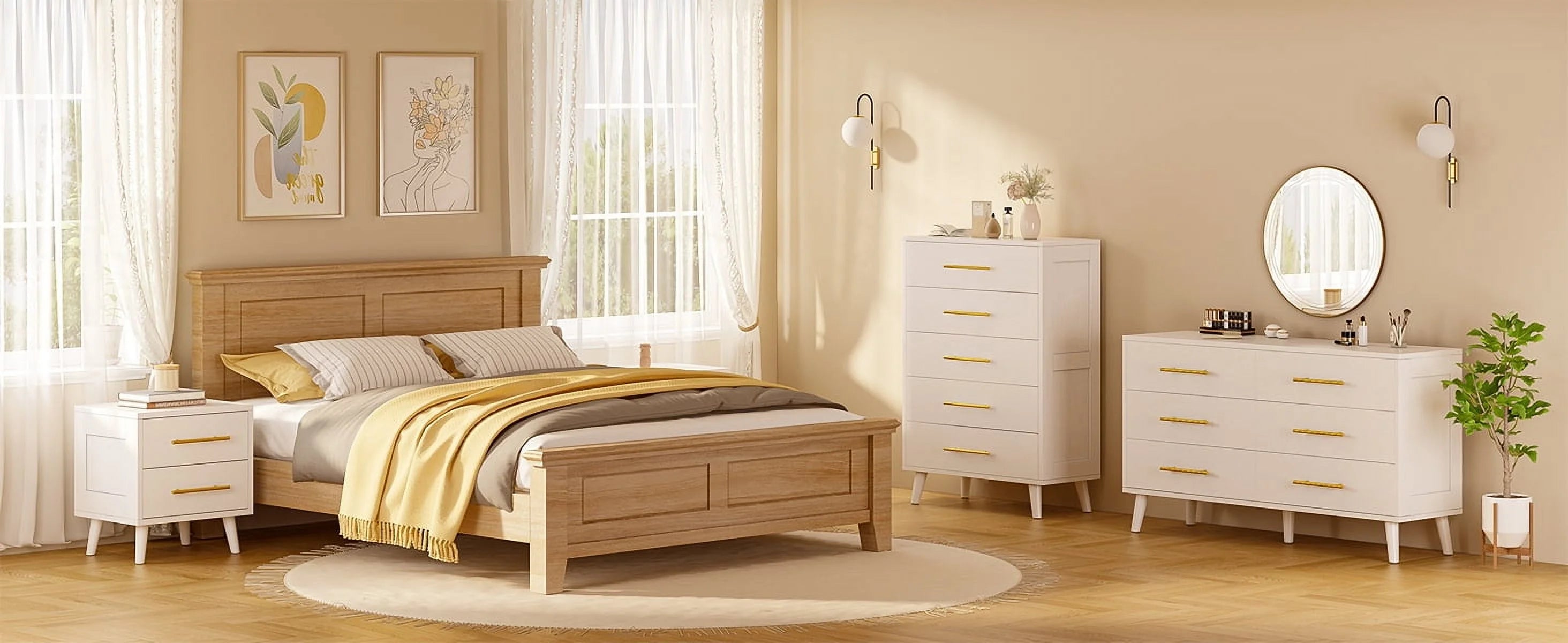 Bedroom Furniture Set - Includes Queen Bed Frame, Nightstands Set of 2, 5 - Drawer Dresser & Vanity Desk - Modern Storage Solution for Stylish Home Decor, Beige/White