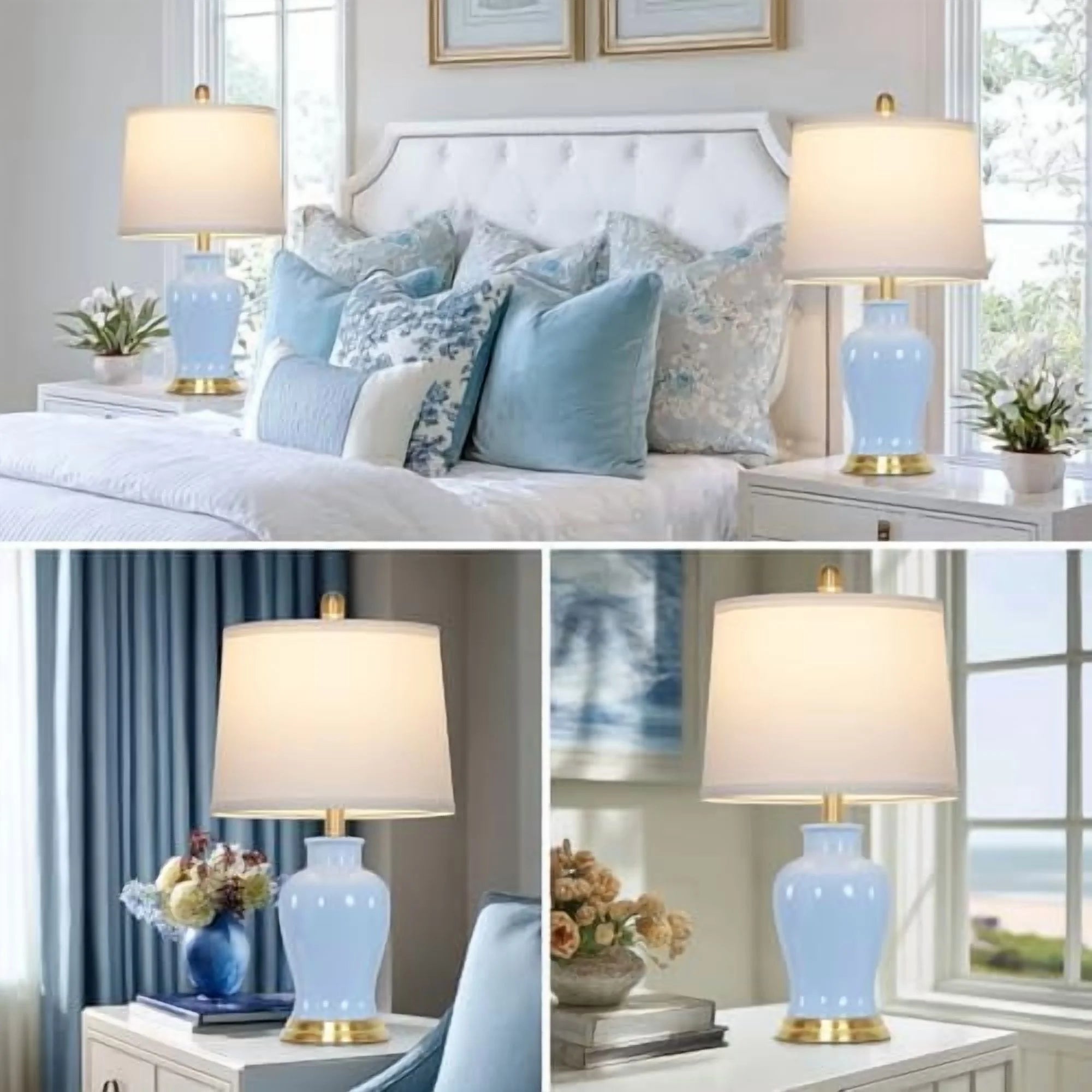 Modern Ceramic Table Lamps Set of 2, 23" White Ceramic Lamps for Living Room, Rustic Farmhouse Bedside Lamp with Ginger Jar Design, Elegant Bedroom Lamp for Nightstand Desk Side End Table Home Decor